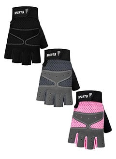 Buy Kids Half Fingerless Gloves, Cycling Gloves Non-Slip Gel Adjustable Sports for kids Biking, Pink Grey Black 3 Pairs in Saudi Arabia