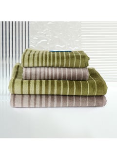 Buy 4 Piece Bathroom Towel Set BOUNDRY 450 GSM 100% Cotton Velour 2 Bath Towel 70x140 cm & 2 Hand Towel 50x90 cm Grey & Green Color Modern Stripe Design Luxury Touch Extra Absorbent in UAE
