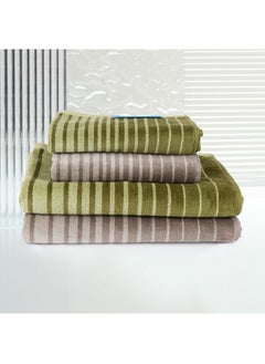 اشتري 4 Piece Bathroom Towel Set BOUNDRY 450 GSM 100% Cotton Velour 2 Bath Towel 70x140 cm & 2 Hand Towel 50x90 cm Grey & Green Color Modern Stripe Design Luxury Touch Extra Absorbent في الامارات