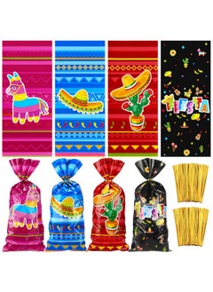 اشتري 120 Pieces Mexican Party Treat Bags Mexican Theme Party Favor Cello Plastic Candy Goodie Bag With 150 Golden Twist Ties For Party Supplies (Mexican Fiesta Style) في الامارات