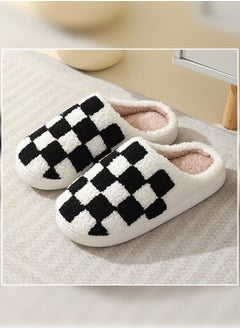 اشتري Checkerboard Lattice Design Bedroom Slippers for Women Men Couple Plush Fuzzy Cozy House Autumn and Winter Warm Indoor Outdoor Lightweight Soft Flat Slides Black+White في السعودية