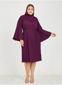 Buy Plus High Neck Pleated Midi Dress with Bell Sleeves in Saudi Arabia