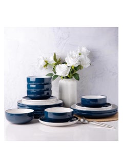 Buy Cuisine Art DURA 12PCS Dinner Set - Elegant Blue Stoneware Dinnerware Set for 4 - Includes 4 Large Plates (Dia 27.3cm), 4 Small Plates (Dia 19.8cm), and 4 Bowls (Dia 15cm x H 6cm) in UAE