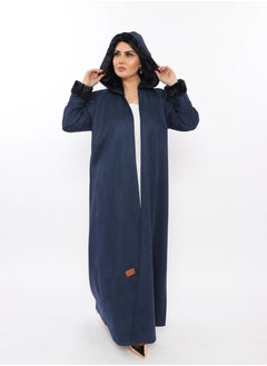 Buy Navy-coloured winter abaya made of suede fabric and embellished with a fur hoodie in Saudi Arabia