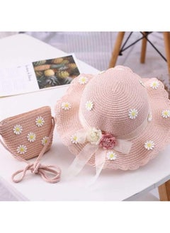 Buy 2pcs Girls Wide Brim Straw Hat with UV Protection, Trendy Floppy Summer Hat adorned with flowers, Complete with Coordinated Beach Bag and Kids Sun Visor Hat Set for Playful Beach Adventures in UAE