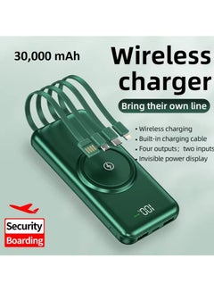 Buy 30,000 mAh Quick Charge Wireless Charging Power Bank with Built-in 4 Cable Green in UAE