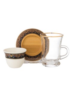 Buy An 18-piece tea and coffee set consisting of 6 glass tea cups + 6 wooden saucers + 6 porcelain coffee cups in Saudi Arabia