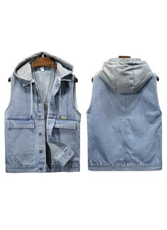 Buy 2024 Unisex Trendy Denim Vest Hooded Sleeveless Light Blue in UAE