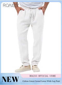 Buy Mens Casual Linen Pants Loose Fit Straight-Legs Elastic Drawstring Waist Summer Beach Yoga Long Pants in UAE