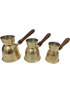 Buy Premium Brass Turkish Coffee Warmer Turkish Style Brass Coffee Pot with Wooden Handle, Gold Brass Coffee Warmer 3 PC Set in Saudi Arabia