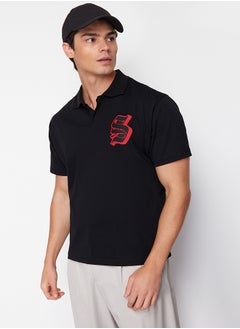 Buy Black Oversize/Wide Cut Letter Embroidered Polo Neck T-shirt in Egypt