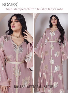 Buy Women Luxury V-neck Bronzing Chiffon Robe Maxi Dresses with Lining Exclusive Styles Modern Stylish Abaya Middle East Arabic Banquet Wedding Party Dress Women's Festival Clothing Pink in Saudi Arabia