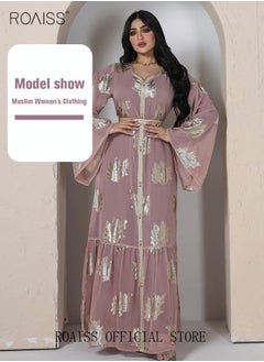 Buy Women Luxury V-neck Bronzing Chiffon Robe Maxi Dresses with Lining Exclusive Styles Modern Stylish Abaya Middle East Arabic Banquet Wedding Party Dress Women's Festival Clothing Pink in UAE