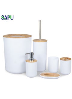 Buy 6 In 1 Simple Bathroom Bamboo Cover Toilet Brush Lotion Bottle Toothbrush Cup Soap Box Gargle Cup European Style Hotel Set Six piece Holder Kit Trash Can Set Discount Set in UAE