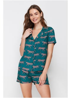 Buy Emerald Green Patterned Viscose Shirt-Shorts Woven Pajama Set THMSS21PT0473 in Egypt