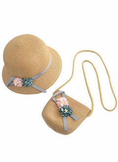 Buy Straw Hats Girls Kids Sun Summer Beach Wide Brim Flower Floppy Beanie Cap with Woven Pocket for Outdoor Tea Party Gift, Khaki in Saudi Arabia