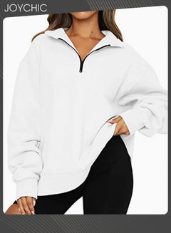 اشتري Women Autumn and Winter Warm Long Sleeve Half Zipped Cropped Pullover Solid Pattern Fleece Outdoor Windproof Hoodies White في السعودية
