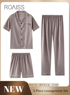 Buy Men 3 Piece Loungewear Set   Short Sleeves Shorts & Long Pants   Ice Silk Pajamas Loose & Comfortable Skin Friendly Fabric in Saudi Arabia
