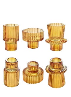 اشتري Taper Amber Glass Candle Holder 6Pcs for Pillar Candles, Tealight Candles Holders, Candlestick Holders for Wedding, Festival, Dinning , Party في الامارات