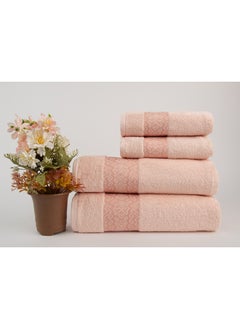 Buy Towel 4 Piece Bathroom  Set - BLOCKS - 500 GSM - 100% Cotton Terry - Jacquard Border- 2 Bath  70X140 cm & 2 Hand  50x90 cm- Luxury Touch - Extra Absorbent-Peach in Saudi Arabia