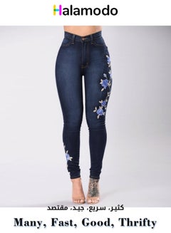 Buy Dark Blue Women's Embroidered Jeans Suitable for Spring and Autumn in Saudi Arabia