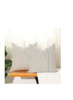 اشتري Grey and Beige Patchwork Farmhouse Throw Pillow Covers 18 x 18 Inch, Pack of 4 Striped Linen Decorative Pillow Case for Sofa Couch Chair Bedroom Modern Decor(Grey) في الامارات