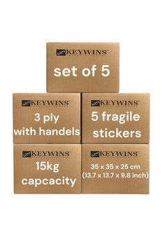 Buy KEYWINS® 3 Ply Storage Boxes-H35 x W35 x D25cm Pack Of 5 Pieces With 5 pices (Sticker Caer) With Handles-Carton cardboard box for Moving And Backing And Shipping And Archive - 100% Recyclable -Brown in UAE