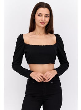 Buy Women Scalloped Neck Long Sleeve Solid Crop Top, Black in UAE