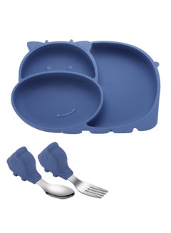 Buy 3 Piece Blue Hippo Silicon Baby Plate Spoon and Fork Baby Led Weaning Set for Babies and Toddlers in UAE