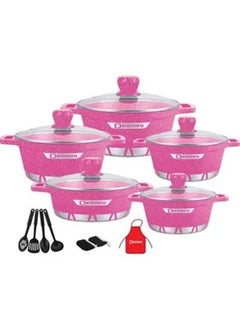 اشتري 17-Piece Die Casting Cookware Set Includes 1x20cm Casserole With Lid, 1x24cm Casserole With Lid, 1x28cm Casserole With Lid, 1x 32cm Casserole With Lid, 1x28cm Shallow Casserole With Lid, 7xCooking Tools Pink في الامارات