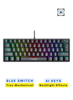 Buy Blue Switch Mechanical Keyboard 61 Keys Backlight Detachable 60% Wired Gaming Keyboard Black in UAE