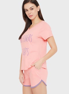 Buy Text Print Top & Shorts Set Pink -100% Cotton in UAE