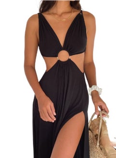 Buy V Neck Sleeveless Dress Women Summer Solid Long Dress in UAE