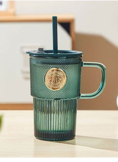 Buy Glass Mug with Straw and Handle for Hot and Cold Drinks(400Ml -Green) in Egypt