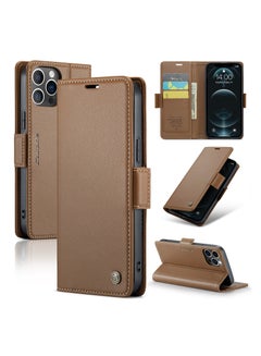 Buy Flip Wallet Case For Apple iPhone 12 Pro Max, [RFID Blocking] PU Leather Wallet Flip Folio Case with Card Holder Kickstand Shockproof Phone Cover (Brown) in UAE