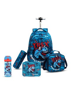 اشتري Eazy Kids 18Inch Set of 5 Trolley School Bag with Bento Lunch Box Tritan 420ml Water Bottle Lunch Bag and Pencil Case - TREX Dinosaur - Blue في الامارات