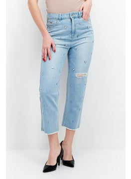 اشتري Women Regular Fit Washed Rhinestone Non Stretchable Jean, Light Blue في الامارات