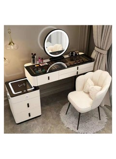 Buy Distinctive Modern Dressing Table, Advanced Solid Wood, Round Smart Mirror with Strong LED Lighting in three Color Modes, Smart Side Table with Wireless Charging and a Comfort Chair. in UAE