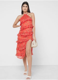 Buy Tiered Halter Printed Dress With Slit in UAE