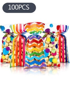 اشتري 100-Piece Colorful Treat Bags, Polka Dot Stripes Printed Pattern Candy Favor Bags with Twist Ties, Chocolate Small Treat Birthday Party Supplies في السعودية