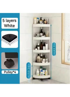 Buy Corner Storage Shelf Bathroom, 5 Tiers Movable Storage Rack with Detachable Rolling Wheels, Large Capacity Space Saving Corner Organizer, Hollow-Out Drainage Hole Design, White in Saudi Arabia