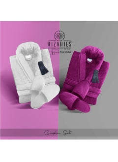 Buy Couple Set Purple & White (2 Velour Bathrobe, 2 Velour Slippers) in UAE