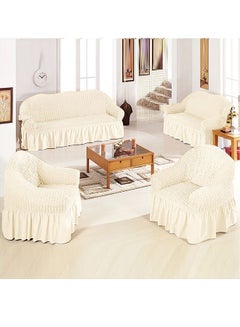 Buy 4-Piece Super Stretchable Anti-Wrinkle Slip Flexible Resistant Jacquard Sofa Cover Set Off White in Saudi Arabia