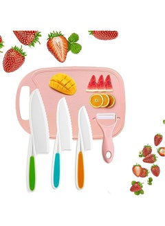 اشتري Kids Knifes Set,5Pack Knives Safe Baking Cutting Cooking Children's Beginners Cut Fruits Salad Veggies CakeFun Firm Grip Serrated Edges Friendly Childrens Knife With Board Peeler (PINK) في الامارات