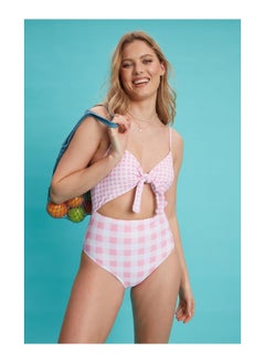 Buy Pink Gingham Tie Front Swimsuit in UAE