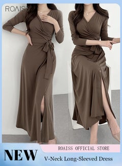 Buy Elegant Tight Dress For Women Fashionable And Versatile For Daily Commuting V-Neck Long-Sleeve Waist Strappy Side Slit Dress in UAE