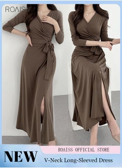 اشتري Elegant Tight Dress For Women Fashionable And Versatile For Daily Commuting V-Neck Long-Sleeve Waist Strappy Side Slit Dress في السعودية