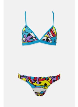 اشتري Women 2 Piece Bikini Bottom And Non Padded Top Set, Blue and Yellow Combo في السعودية