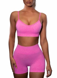 Buy Seamless Fitness Yoga Workout Set Sports Bra and Biker High Waist Shorts Pink in UAE