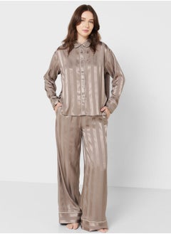 Buy Striped Button Down Shirt & Pyjama Set in UAE